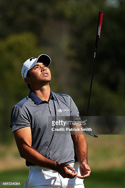 Jason Day of Australia reacts after missing a putt for birdie on the seventh green during the Final Round of the BMW Championship at Conway Farms...