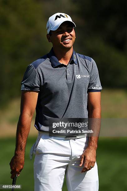 Jason Day of Australia reacts after missing a putt for birdie on the seventh green during the Final Round of the BMW Championship at Conway Farms...