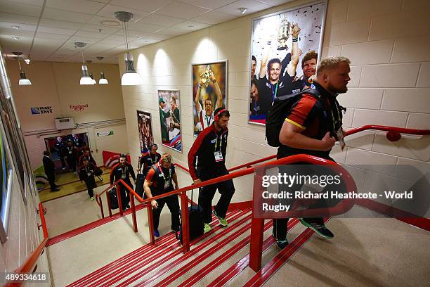 Wales players arrive for the 2015 Rugby World Cup Pool A match between Wales and Uruguay at the Millennium Stadium on September 20, 2015 in Cardiff,...