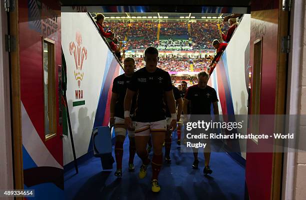 Wales players walk back to the dressing room after the warm up prior to the 2015 Rugby World Cup Pool A match between Wales and Uruguay at the...