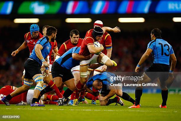 James King of Wales drives on during the 2015 Rugby World Cup Pool A match between Wales and Uruguay at the Millennium Stadium on September 20, 2015...