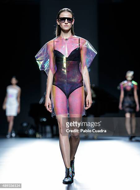 Model showcases designs by Ion Fiz on the runway at the Ion Fiz show during Mercedes-Benz Fashion Week Madrid Spring/Summer 2016 at Ifema on...