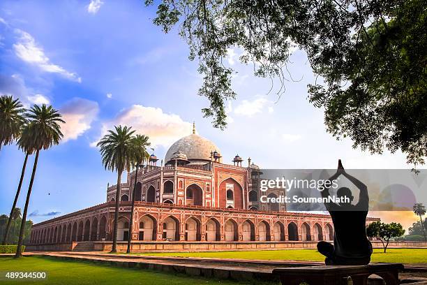 yoga at humayun’s tomb, delhi, india - cngltrv1109 - delhi stockfoto's en -beelden