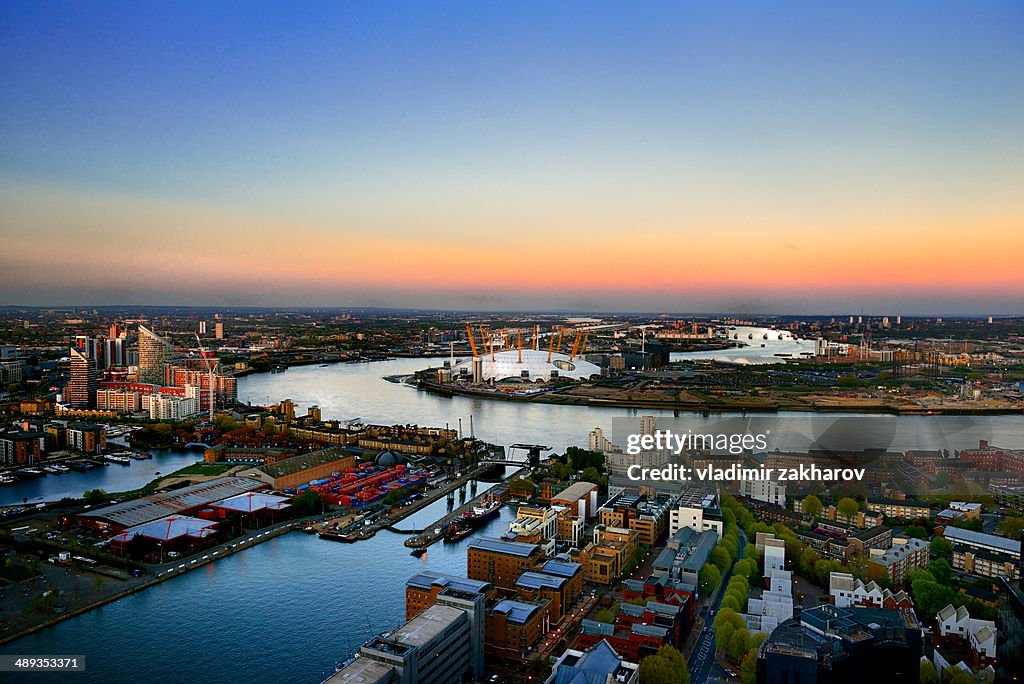 Bird's eye view of East London at sunset