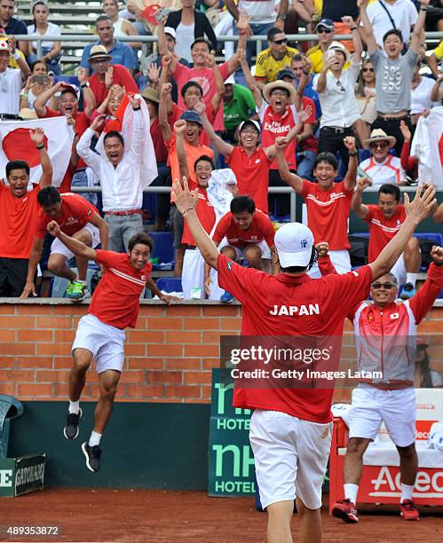 The Japanese team celebrates after defeating the Colombian team during the Davis Cup World Group Play-off at Club Campestre on September 20, 2015 in...