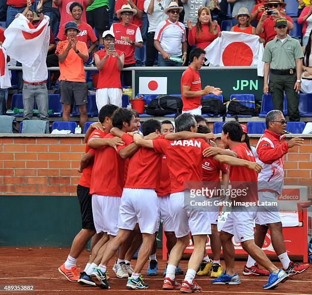 The Japanese team celebrates after defeating the Colombian team during the Davis Cup World Group Play-off at Club Campestre on September 20, 2015 in...