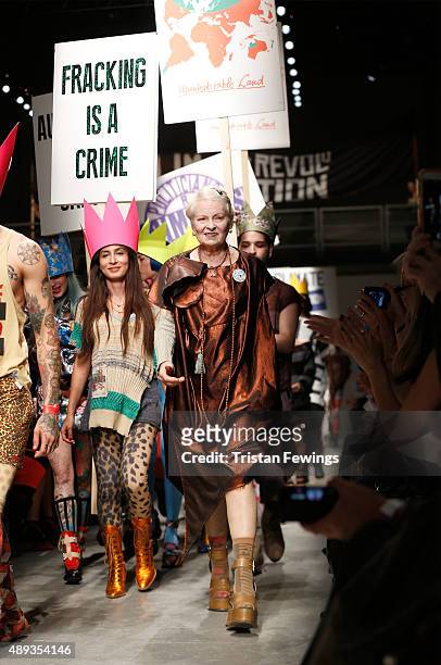 Fashion designer Vivienne Westwood walks the runway after her Red Label show during London Fashion Week Spring/Summer 2016 on September 20, 2015 in...