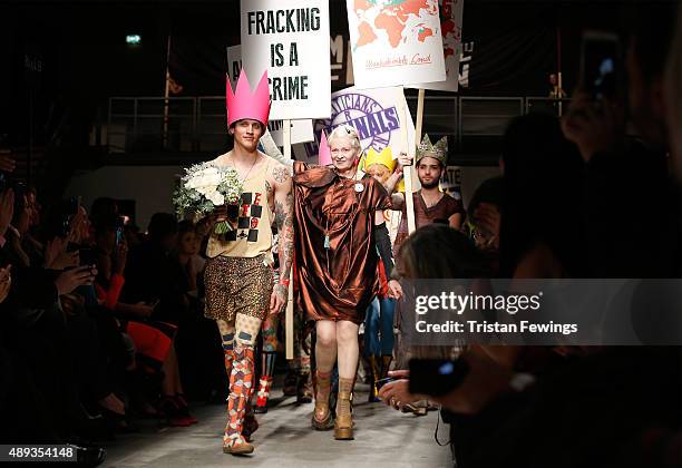 Fashion designer Vivienne Westwood walks the runway after her Red Label show during London Fashion Week Spring/Summer 2016 on September 20, 2015 in...