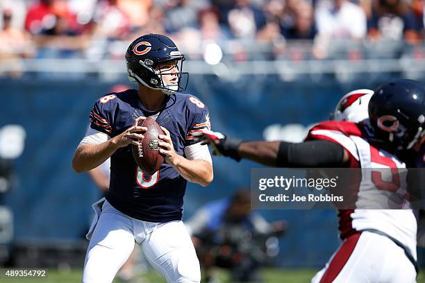 Jimmy Clausen of the Chicago Bears looks to pass against the Arizona Cardinals in the third quarter at Soldier Field on September 20, 2015 in...