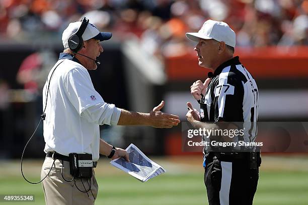 Head coach Ken Whisenhunt argues with referee Terry McAulay at FirstEnergy Stadium on September 20, 2015 in Cleveland, Ohio. Cleveland won the game...