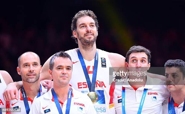 Pau Gasol of Spain pose with the medal after winning the EuroBasket 2015 Final match against Lithuania at the Pierre Mauroy Stadium in Lille, on...