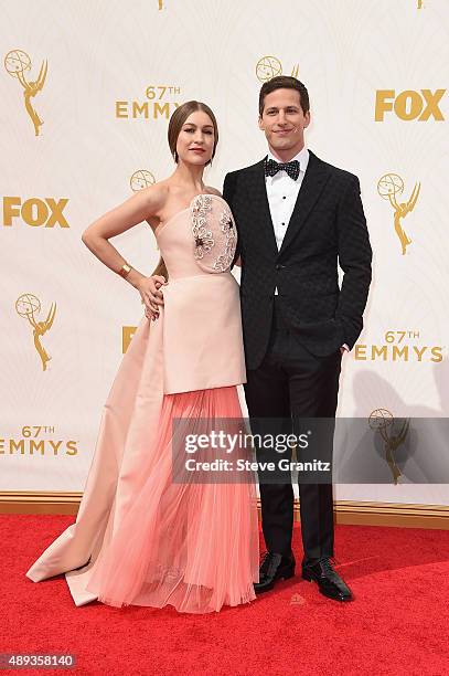 Musician Joanna Newsom and host Andy Samberg attend the 67th Annual Primetime Emmy Awards at Microsoft Theater on September 20, 2015 in Los Angeles,...