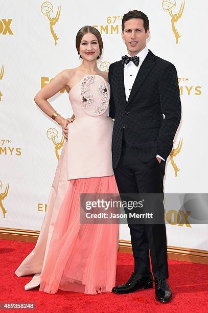 Recording artist Joanna Newsom and host Andy Samberg attend the 67th Annual Primetime Emmy Awards at Microsoft Theater on September 20, 2015 in Los...