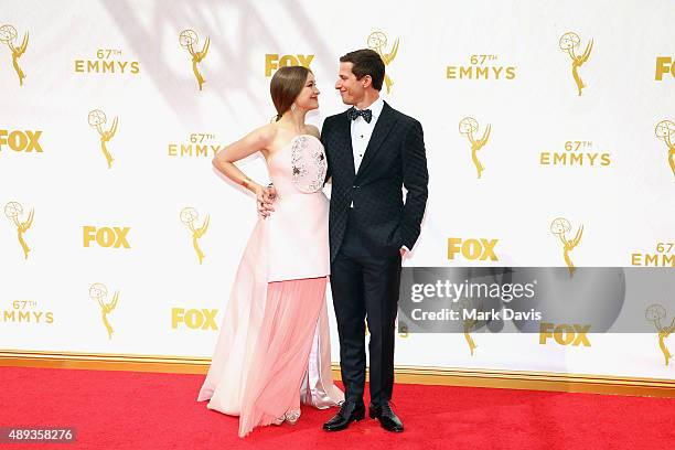 Actress Joanna Newsom and host Andy Samberg attend the 67th Annual Primetime Emmy Awards at Microsoft Theater on September 20, 2015 in Los Angeles,...