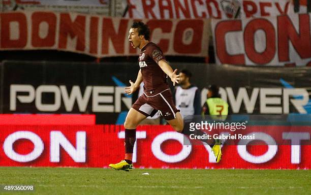 Nicolas Aguirre of Lanus celebrates after scoring the first goal of his team during a match between River Plate and Lanus as part of 25th round of...