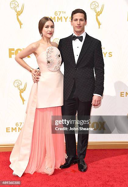 Host Andy Samberg and actress Joanna Newsom attend the 67th Annual Primetime Emmy Awards at Microsoft Theater on September 20, 2015 in Los Angeles,...