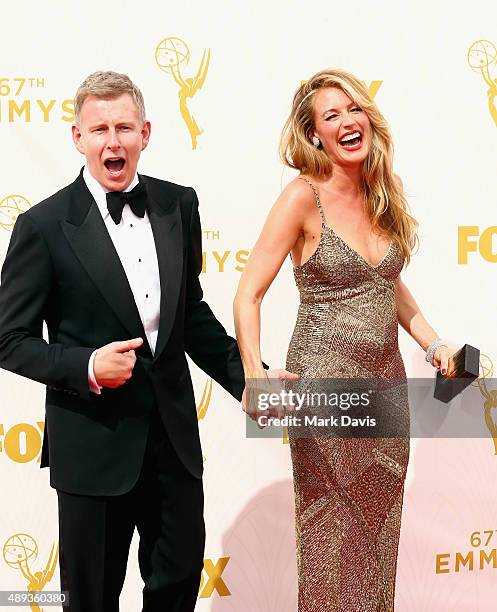 Writer Patrick Kielty and TV personality Cat Deeley attend the 67th Annual Primetime Emmy Awards at Microsoft Theater on September 20, 2015 in Los...