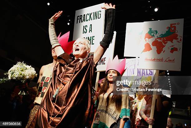 Fashion designer Vivienne Westwood with protesters and models on the runway after her Red Label show during London Fashion Week Spring/Summer 2016 on...