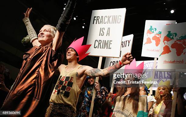Fashion designer Vivienne Westwood with protesters and models on the runway after her Red Label show during London Fashion Week Spring/Summer 2016 on...