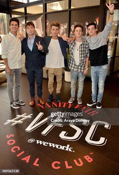 Social media influencers Brent Rivera, Wesley Stromberg, Christian Collins, Crawford Collins, and Aaron Carpenter pose during Vanity Fair Social...