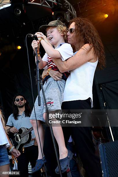 Minnie Driver lifts her son Henry Story Driver to the mic during day 3 of KAABOO Del Mar at the Del Mar Fairgrounds on September 20, 2015 in Del Mar,...