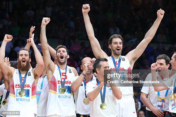 Sergio Rodriguez, Rudy Fernandez and Pau Gasol of Spain are celebrating the victory of the EuroBasket Final game between Spain v Lithuania at Stade...