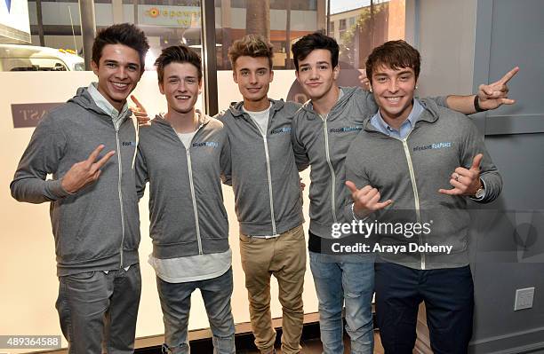 Social media influencers Brent Rivera, Crawford Collins, Christian Collins, Aaron Carpenter, and Wesley Stromberg pose during Vanity Fair Social...