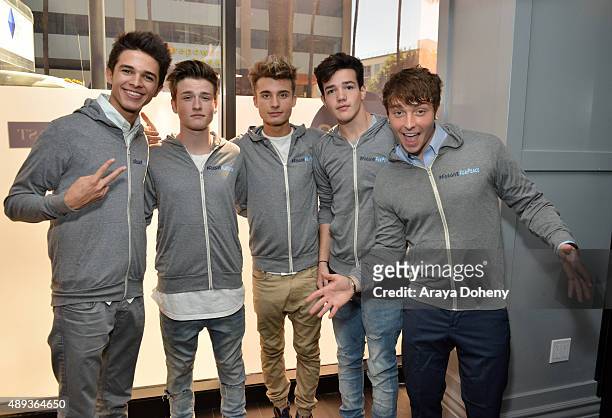 Social media influencers Brent Rivera, Crawford Collins, Christian Collins, Aaron Carpenter, and Wesley Stromberg pose during Vanity Fair Social...
