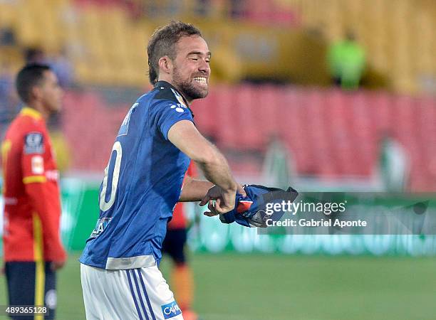 Federico Insua of Millonarios celebrates the opening goal during a match between Millonarios and Uniautonoma as part of 13th round of Liga Aguila II...