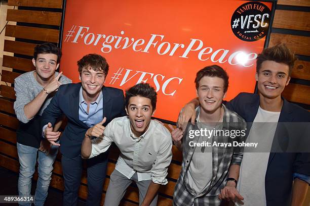 Social media influencers Aaron Carpenter, Wesley Stromberg, Brent Rivera, Crawford Collins, and Christian Collins pose during Vanity Fair Social...