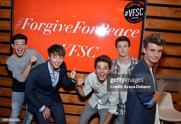 Social media influencers Aaron Carpenter, Wesley Stromberg, Brent Rivera, Crawford Collins, and Christian Collins pose during Vanity Fair Social...