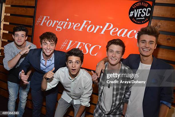 Social media influencers Aaron Carpenter, Wesley Stromberg, Brent Rivera, Crawford Collins, and Christian Collins pose during Vanity Fair Social...