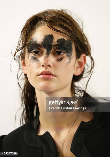 Model backstage ahead of the Vivienne Westwood Red Label show during London Fashion Week Spring/Summer 2016 on September 20, 2015 in London, England.