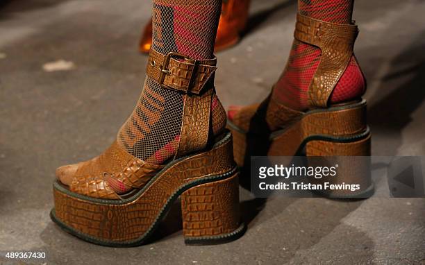 Fashion designer Vivienne Westwood, shoe detail, ahead of her Red Label show during London Fashion Week Spring/Summer 2016 on September 20, 2015 in...