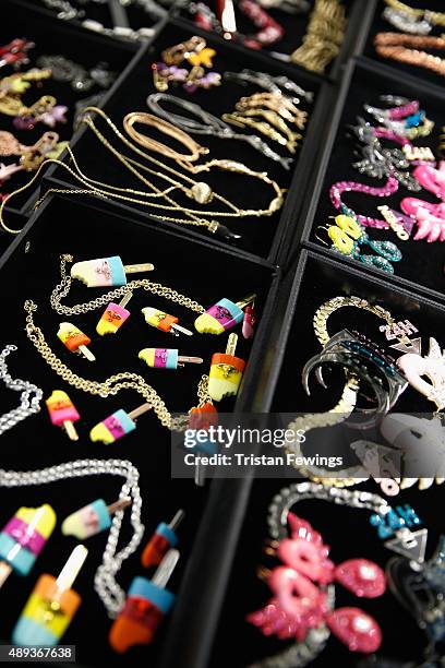 General view of jewellery backstage ahead of the Vivienne Westwood Red Label show during London Fashion Week Spring/Summer 2016 on September 20, 2015...