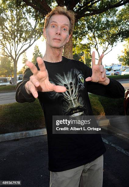 Actor Doug Jones displays a T-shirt with his character Cochise from "Falling Skies" at the Son Of Monsterpalooza Convention held at Los Angeles...