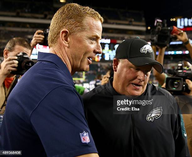 Head coach Jason Garrett of the Dallas Cowboys and head coach Chip Kelly of the Philadelphia Eagles shake hands after the game on September 20, 2014...