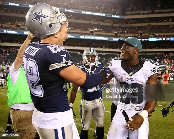 Jason Witten of the Dallas Cowboys and DeMarco Murray of the Philadelphia Eagles talk after the game on September 20, 2014 at Lincoln Financial Field...