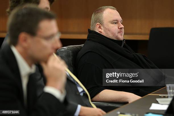 Internet entrepreneur Kim Dotcom in court after his hearing was moved from the North Shore District Court on September 21, 2015 in Auckland, New...