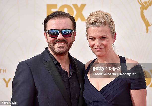 Actor Ricky Gervais and Jane Fallon attend the 67th Emmy Awards at Microsoft Theater on September 20, 2015 in Los Angeles, California. 25720_001