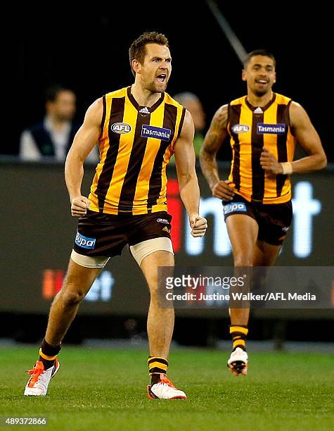 Luke Hodge of the Hawks celebrates a goal during the 2015 AFL Second Semi Final match between the Hawthorn Hawks and the Adelaide Crows at the...