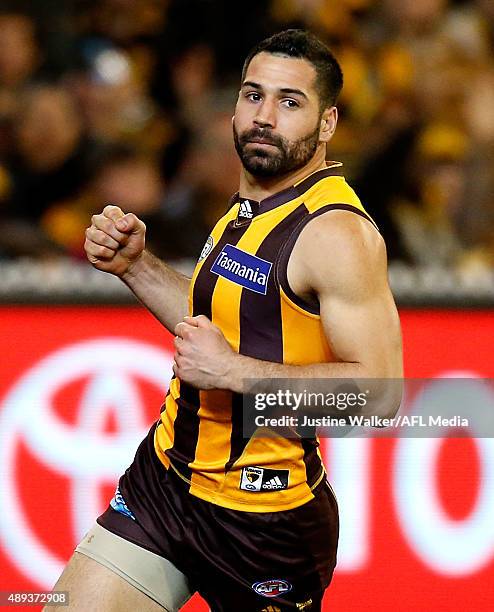 Paul Puopolo of the Hawks celebrates a goal during the 2015 AFL Second Semi Final match between the Hawthorn Hawks and the Adelaide Crows at the...