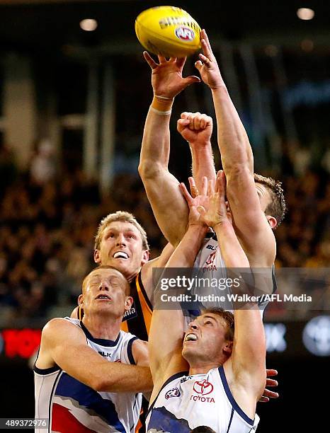 Josh Jenkins of the Crows attempts a pack mark during the 2015 AFL Second Semi Final match between the Hawthorn Hawks and the Adelaide Crows at the...