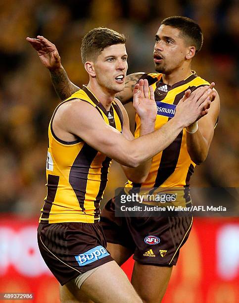 Luke Breust of the Hawks celebrates a goal during the 2015 AFL Second Semi Final match between the Hawthorn Hawks and the Adelaide Crows at the...