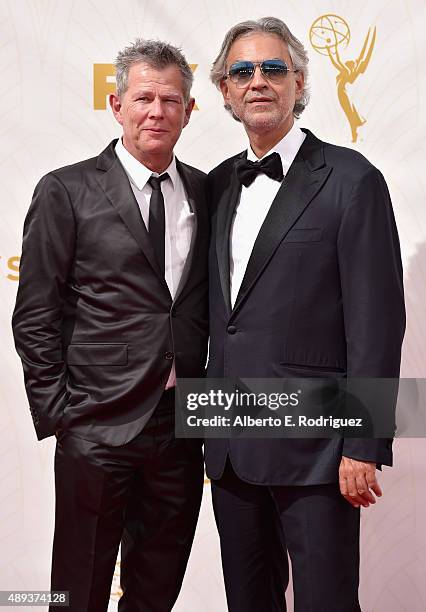 Composer David Foster and singer Andrea Bocelli attend the 67th Emmy Awards at Microsoft Theater on September 20, 2015 in Los Angeles, California....