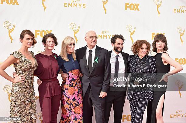 Actors Amy Landecker, Gaby Hoffmann, Judith Light, Jeffrey Tambor, Jay Duplass, writer Jill Soloway, and Hari Nef attend the 67th Emmy Awards at...