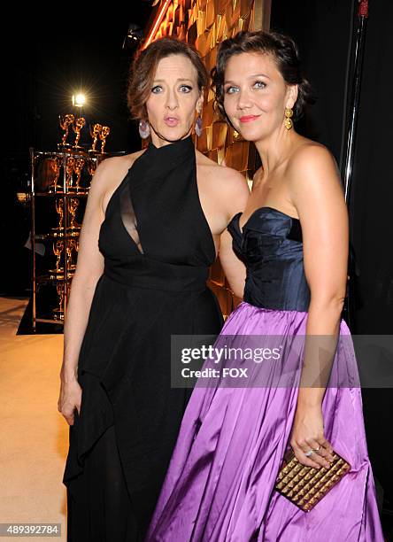 Actresses Joan Cusack and Maggie Gyllenhaal attend the 67th Annual Primetime Emmy Awards at Microsoft Theater on September 20, 2015 in Los Angeles,...