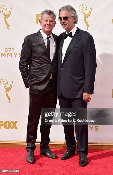 Composer David Foster and singer Andrea Bocelli attend the 67th Emmy Awards at Microsoft Theater on September 20, 2015 in Los Angeles, California....