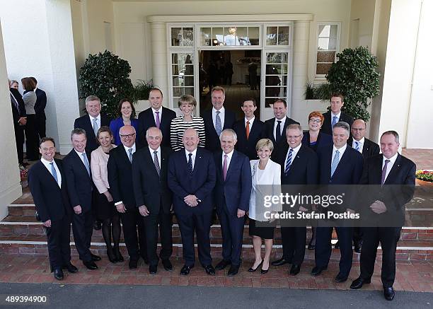 Australian Prime Minister Malcolm Turnbull poses with his new Cabinate at Government House on September 21, 2015 in Canberra, Australia. Prime...