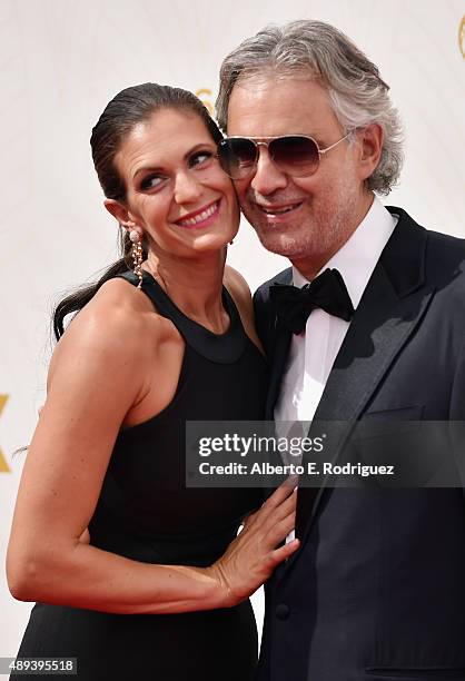 Actress Veronica Berti and recording artist Andrea Bocelli attend the 67th Emmy Awards at Microsoft Theater on September 20, 2015 in Los Angeles,...